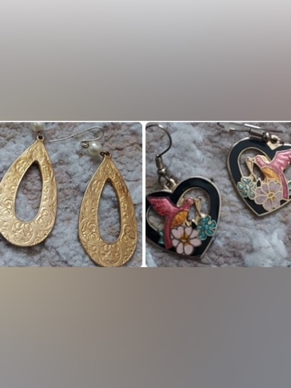 2 PRs earrings enamel bird floral hearts; etched teardrops “pearls” pierced hook